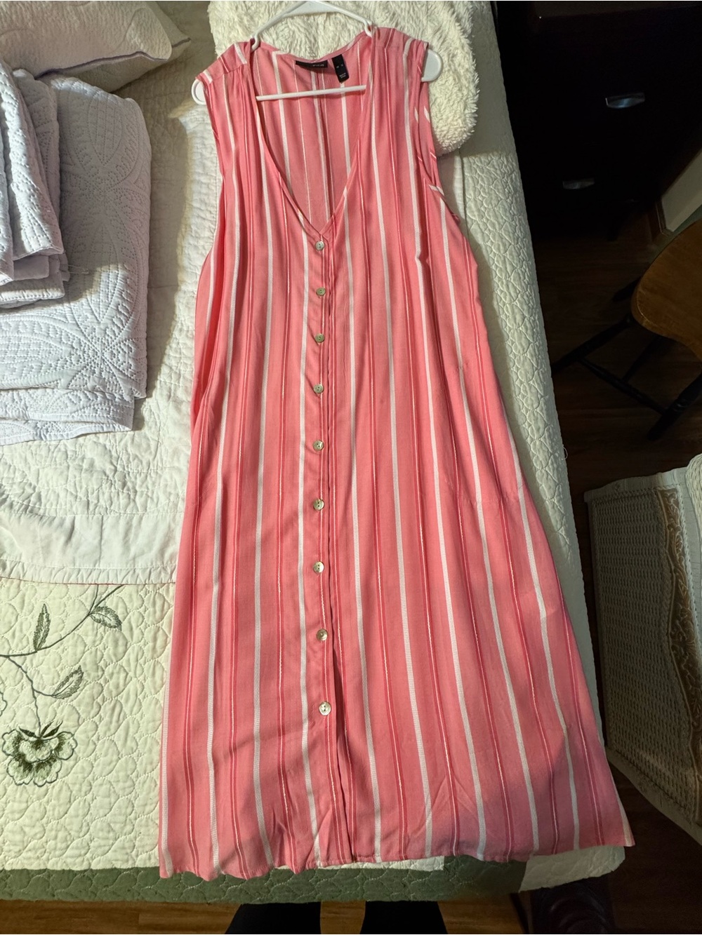 Attitudes by Renee Coral and White Striped Button-Front Maxi Dress